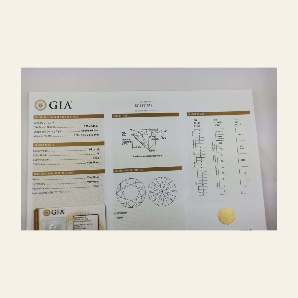 Diamant GIA 1,01 carat VVS1 G à vendre