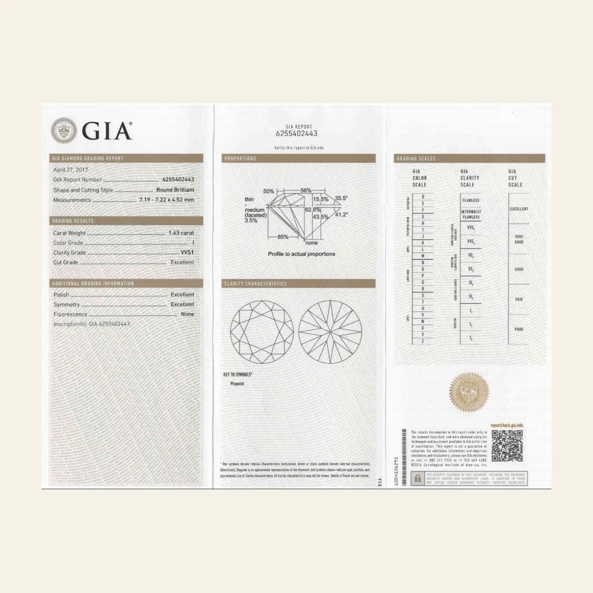 Diamant GIA GIA 1,43 Carat VVS1 I